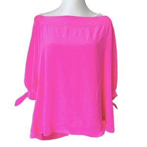 Trina Turk Top Womens XL Silk Hot Pink Off Shoulder 3/4 Balloon Sleeves Relaxed